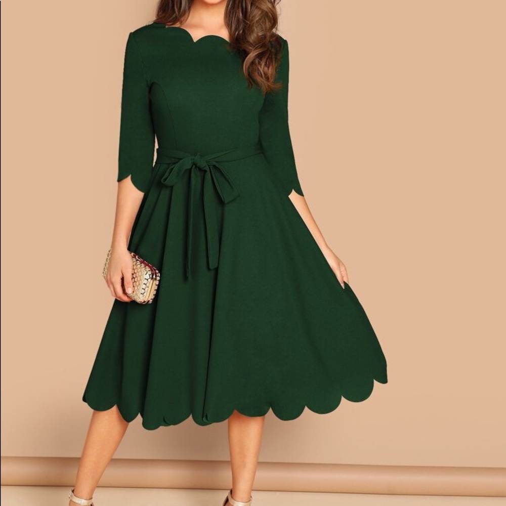 Dark Green Dress scallop trim fit and flare size L